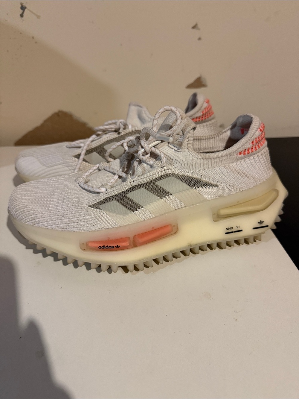 adidas White Knit Sneakers with Coral Heel and Accents